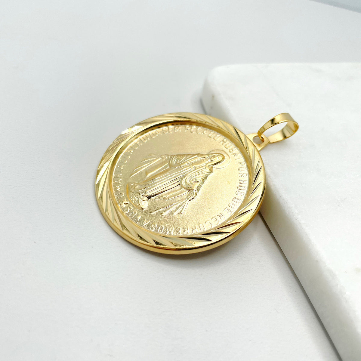18k Gold Filled La Milagrosa, Miraculous Virgin with a Maria's Prayer, Fosco Round Medal Pendant Charms, Wholesale Jewelry Making Supplies