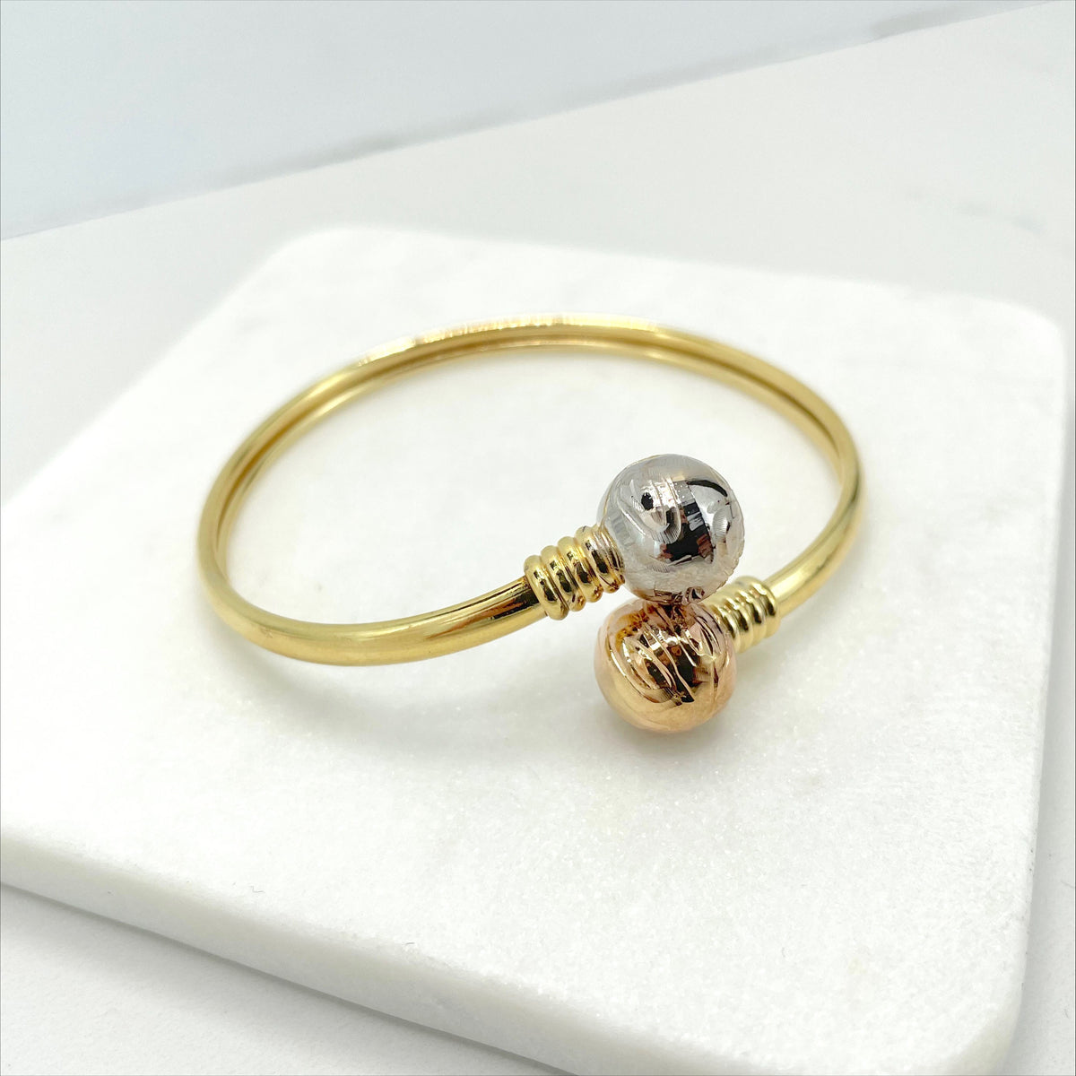 18k Gold Filled Three Tone, Tri-Color Wrist Cuff Bangle with Two Toned Texturized Two Balls, Wholesale Jewelry Making Supplies