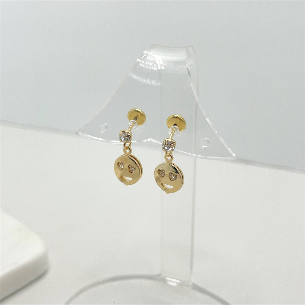 18k Gold Filled Cubic Zirconia Detail Funny Happy Face, In Love Heart Eyes Dangle Earrings, Wholesale Jewelry Making Supplies