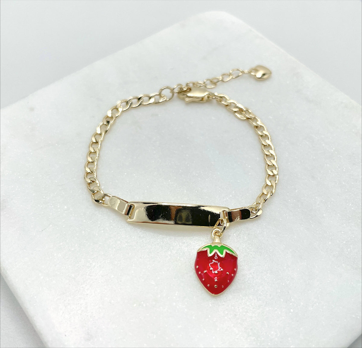 18k Gold Filled Cuban Link Chain with Colored Enamel Strawberry Charm, ID Kids Children Bracelet, Wholesale Jewelry Making Supplies