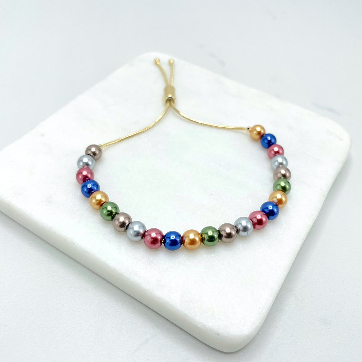 18k Gold Filled 1mm Snake Chain with Colored Beads Adjustable Beaded Fashion Bracelet, Wholesale Jewelry Making Making Supplies