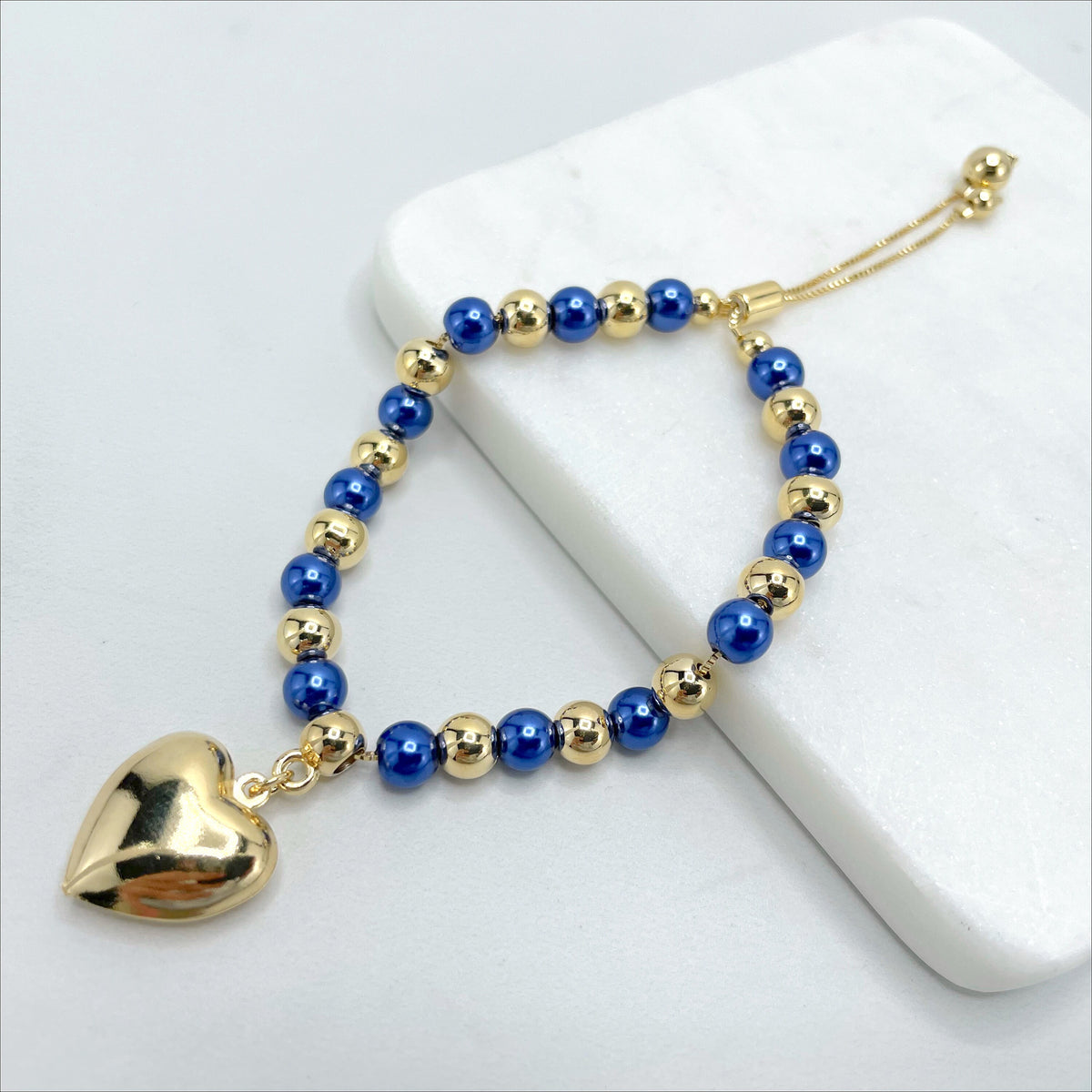 18k Gold Filled 1mm Box Chain with Blue & Gold Beads, Gold Heart Charm, Adjustable Beaded Bracelet, Wholesale Jewelry Making Supplies