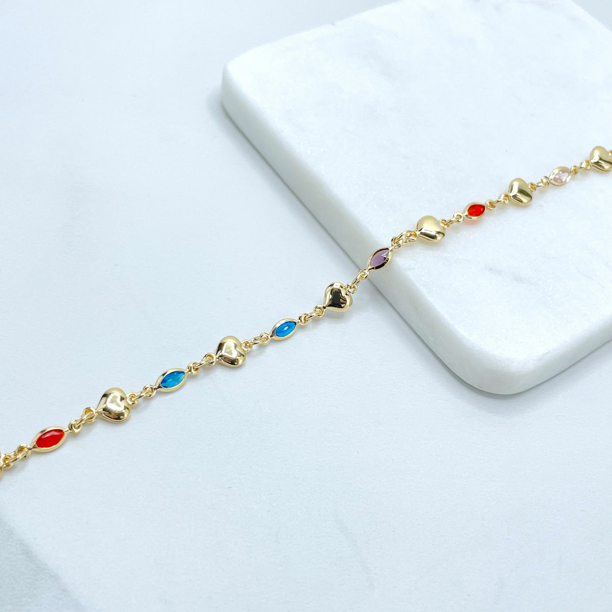 18k Gold Filled 6mm Colored Acrylic and Gold Hearts Linked Bracelet, Wholesale Jewelry Making Supplies