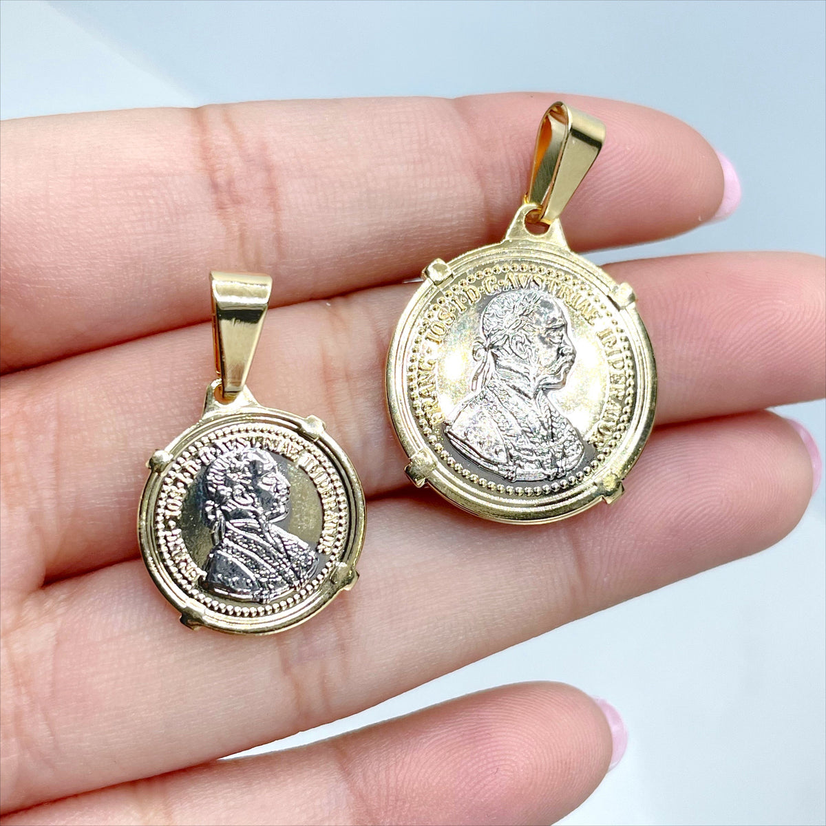 18k Gold Filled Two Tone, Franc Joseph Emperor Austria Hungary, 1915 Token Antique Medal, Charm Pendant, Wholesale Jewelry Making Supplies