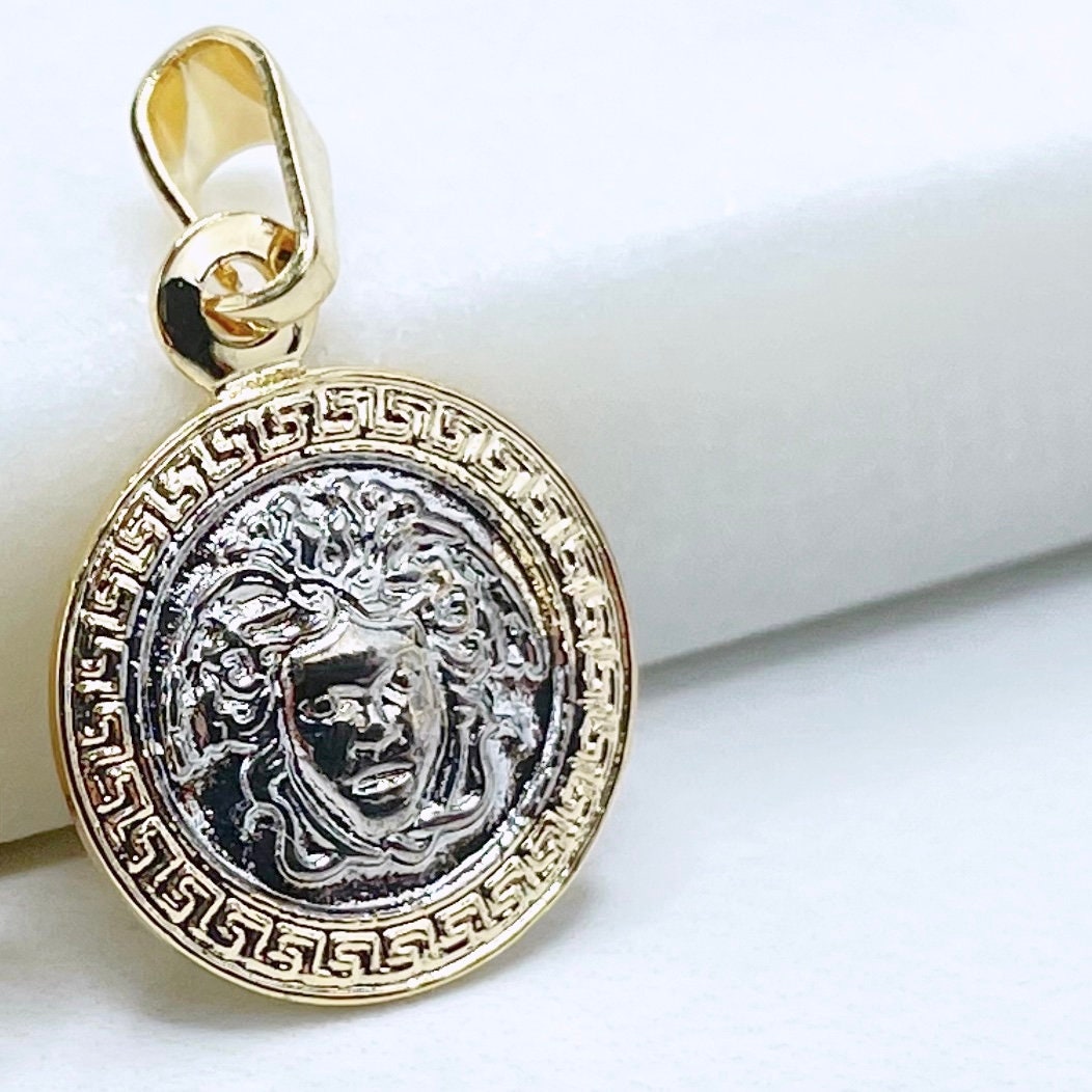 18k Gold Filled Medusa Greek Mythology Medal Charm or Amulet "Virtute Tva Fiat Pax in" Medal Charm, Wholesale Jewelry Making Supplies