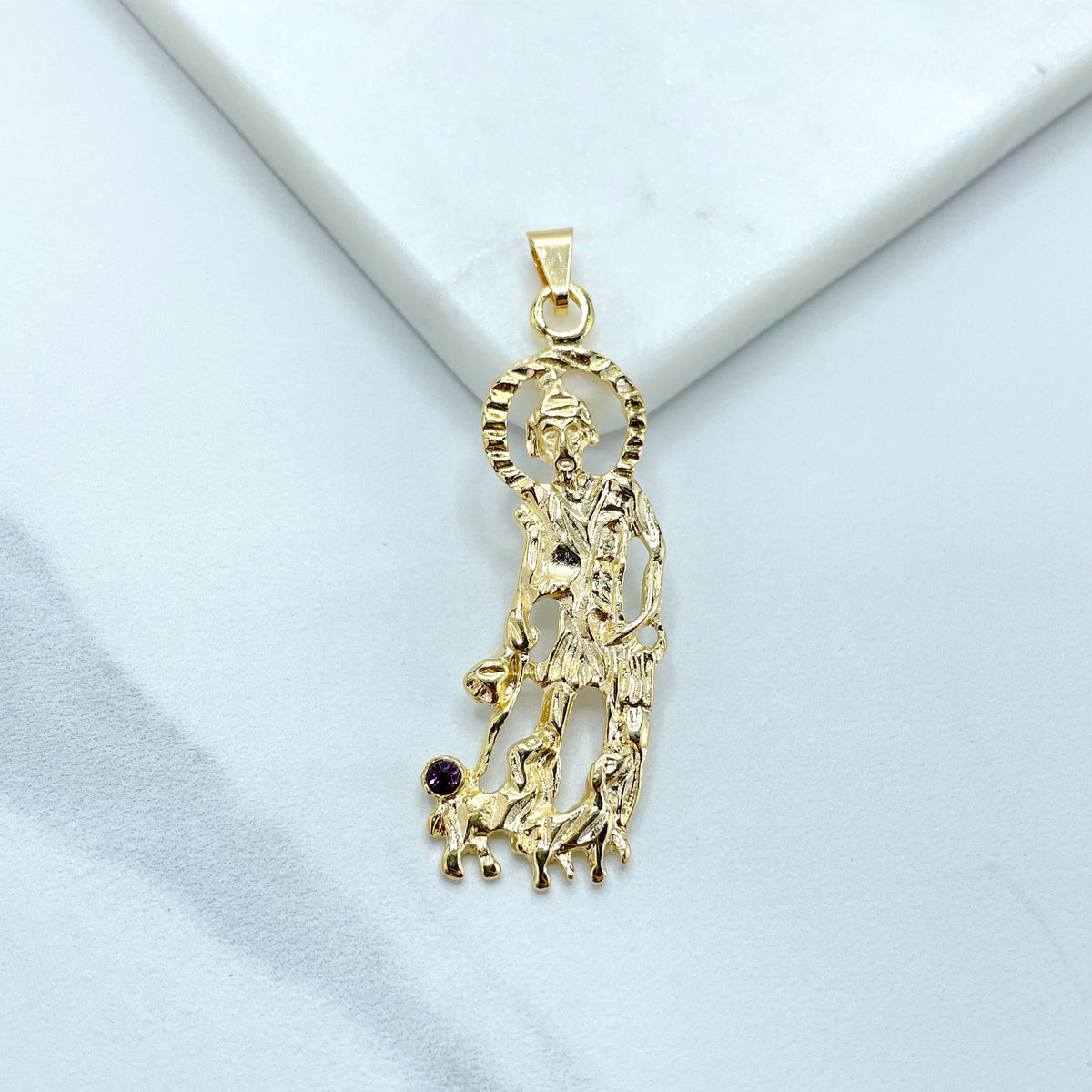 18k Gold Filled with Purple Cubic Zirconia San Lazaro, Saint Lazarus Pendant Charm, Cuban Catholicism, Wholesale Jewelry Making Supplies