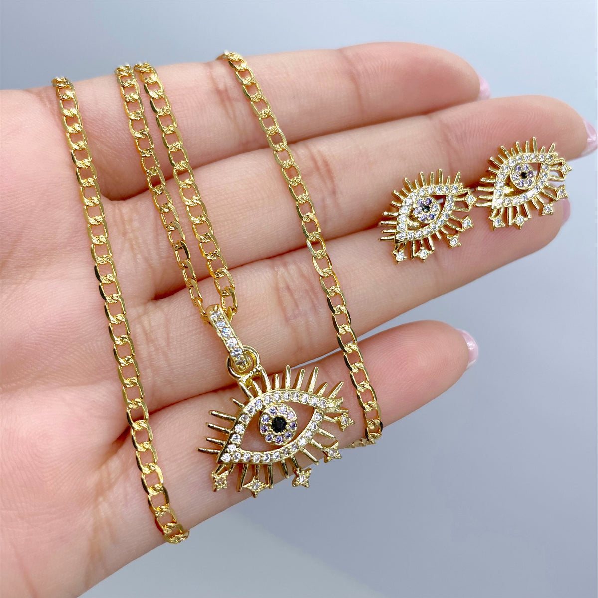 18k Gold Filled 2mm Curb Link Chain, Evil Eye with Stars and Micro Cubic Zirconia, Earrings and Charm, Wholesale Jewelry Making Supplies