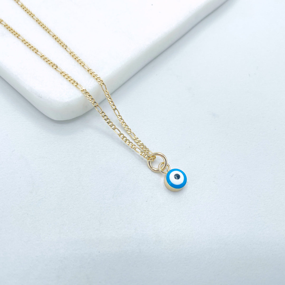 18k Gold Filled 1mm Figaro Link Dainty Chain, Light Blue Evil Eyes Earrings or Charm, Small or Medium, Wholesale Jewelry Making Supplies
