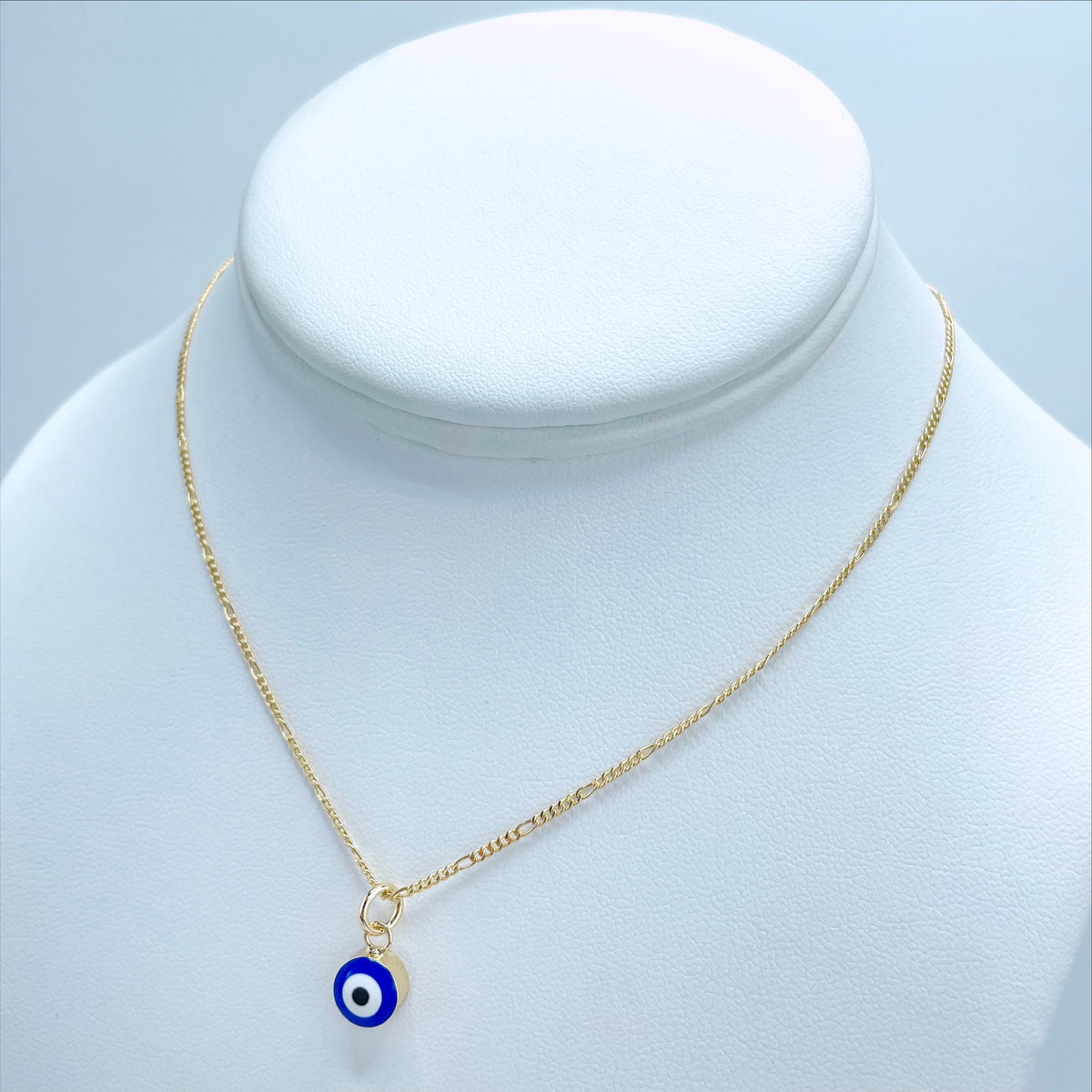 18k Gold Filled 1mm Figaro Link Dainty Chain with Royal Blue Greek Evil Eyes Earrings or Charm, Wholesale Jewelry Making Supplies
