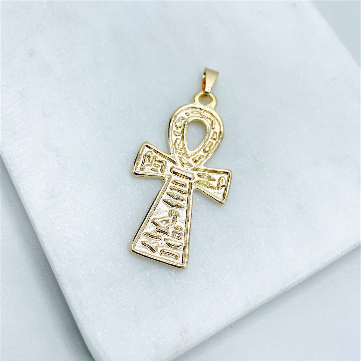 18k Gold Filled Texturized Helloice Egyptian Talisman Ankh Cross with hieroglyphs Charms Pendant, Wholesale Jewelry Making Supplies