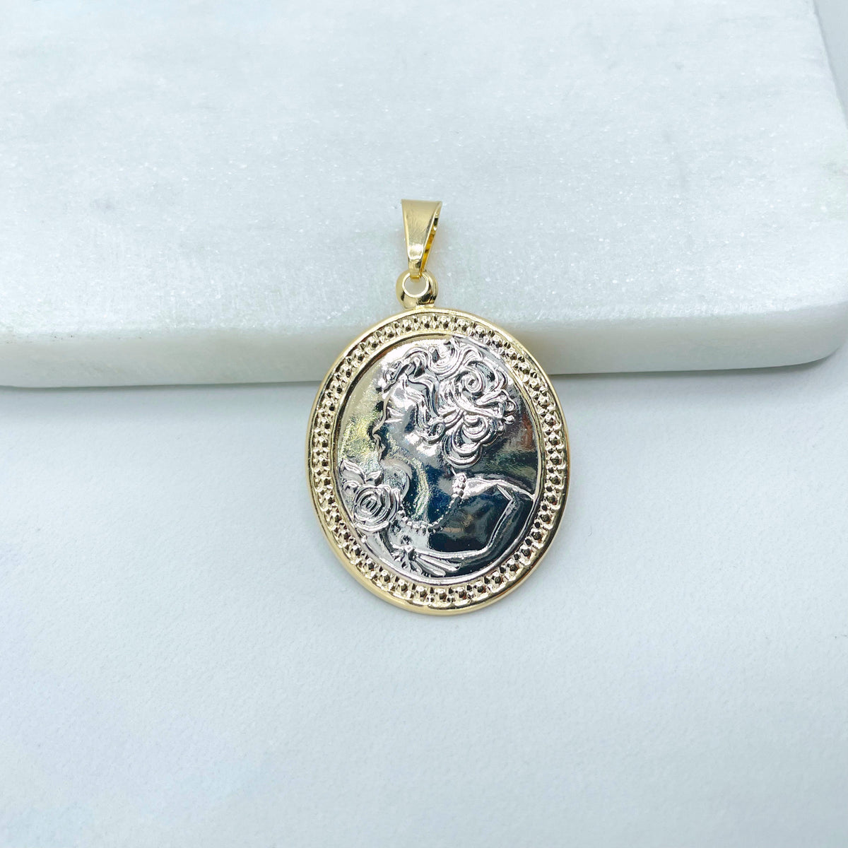 18k Gold Filled Lady Cameo in Two Tone, Vintage Royal Victorian Cameo, Charm Pendant, Wholesale Jewelry Making Supplies