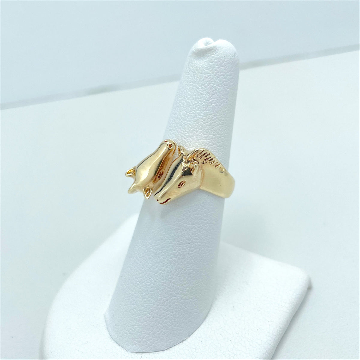 18k Gold Filled Puffed Two Head Horses Shape Adjustable Ring, Animals & Sports Jewelry, Wholesale Jewelry Making Supplies
