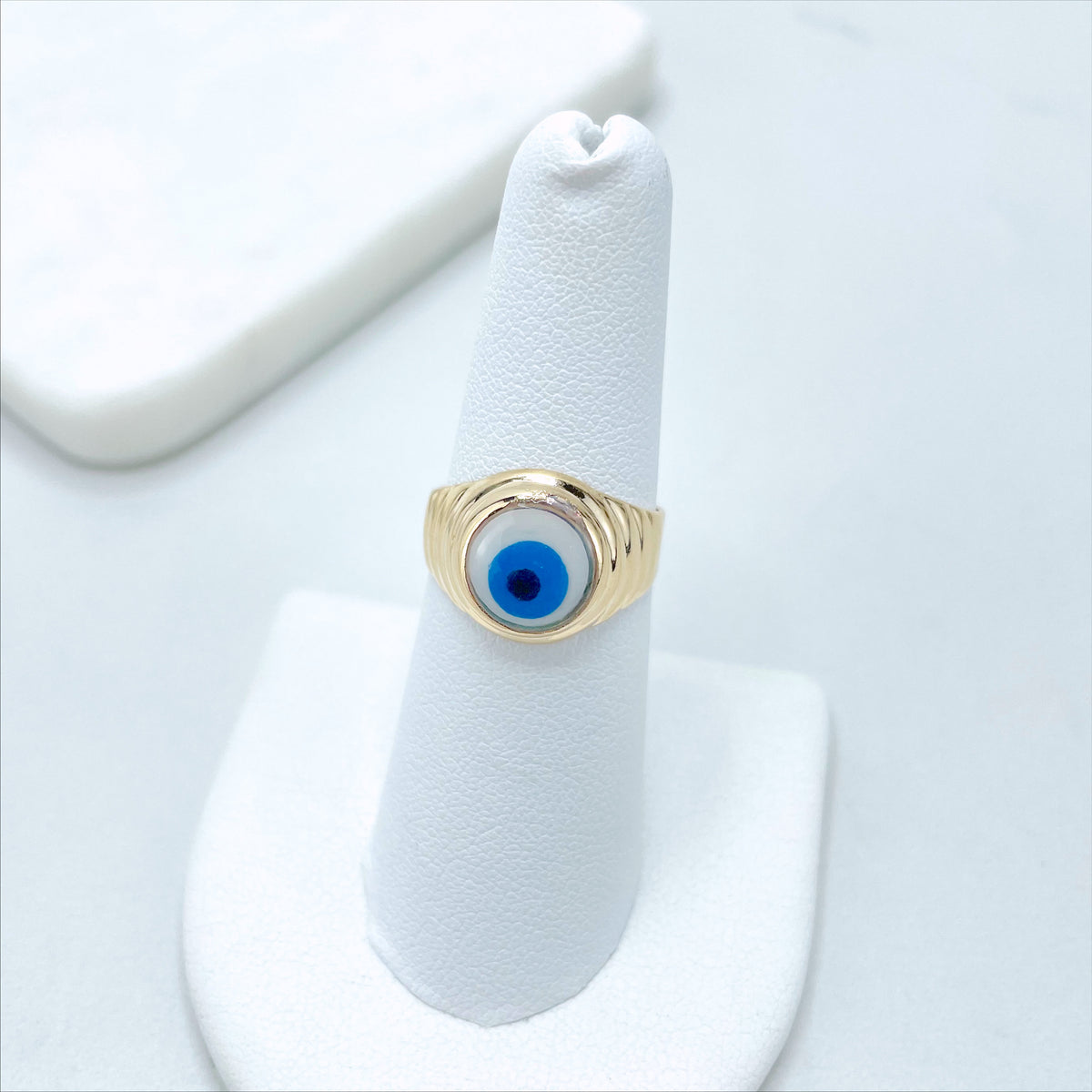 18k Gold Filled Texturized Blue Evil Eye, Greek Eyes Ring, Lucky & Protection Ring, Wholesale Jewelry Making Supplies