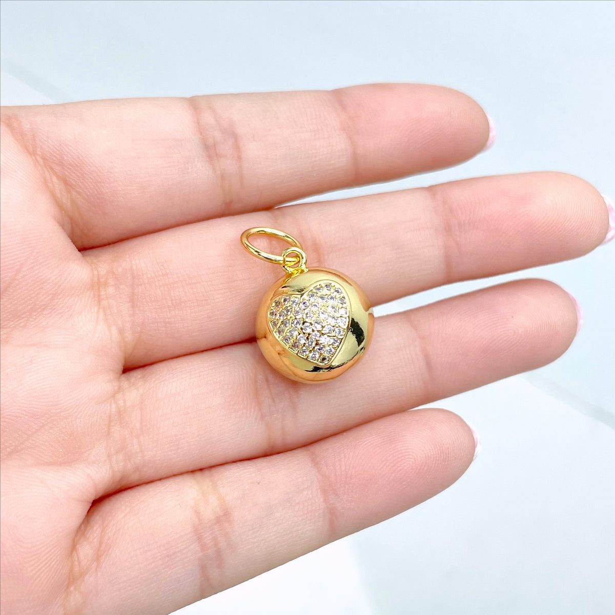 18k Gold Filled Heart with Micro Cubic Zirconia and back with Stars Hole Ball Pendant Charms, Wholesale Jewelry Making Supplies