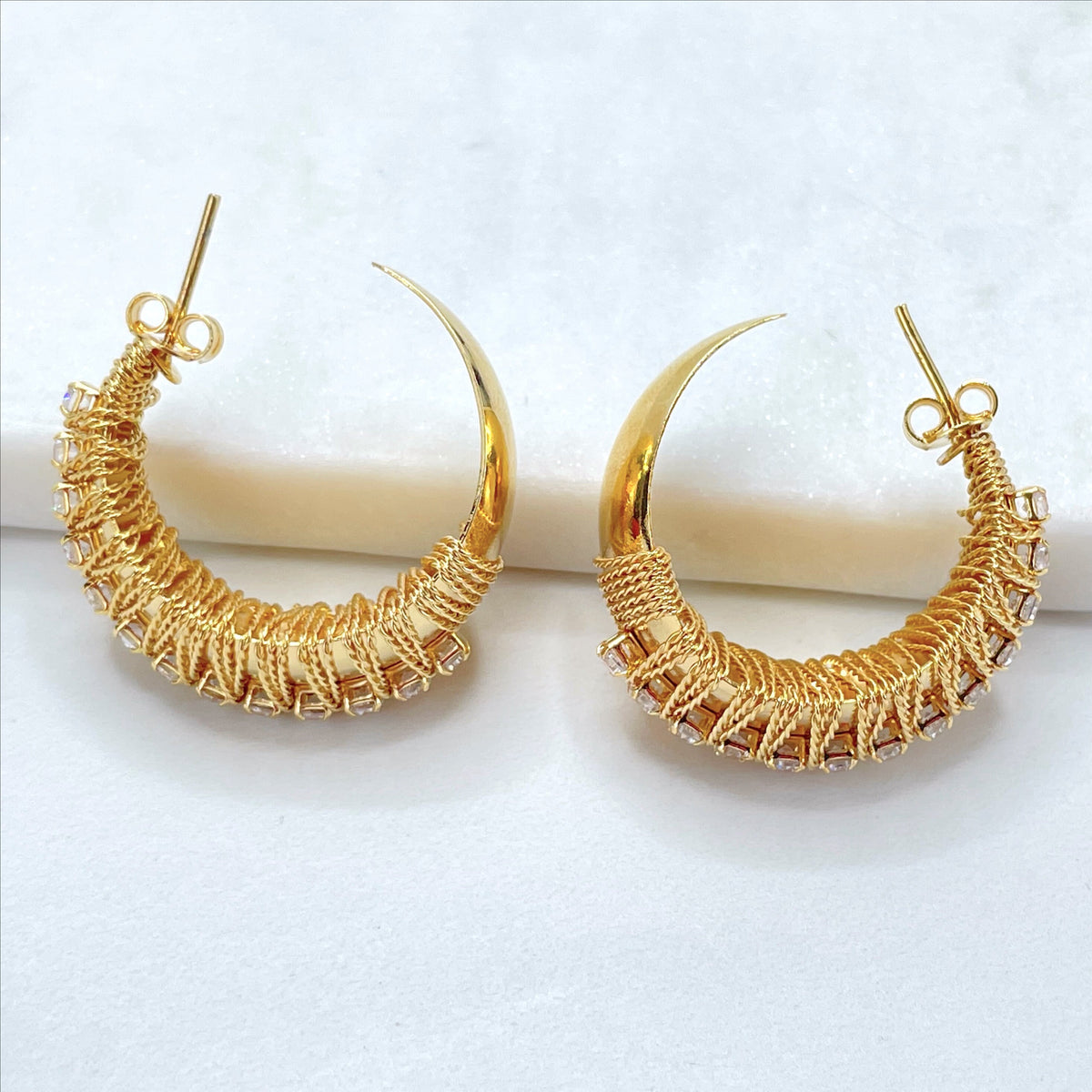18k Gold Filled with Cubic Zirconia, 32mm C-Hoop Earrings, 15mm Thickness, Wholesale Jewelry Making Supplies