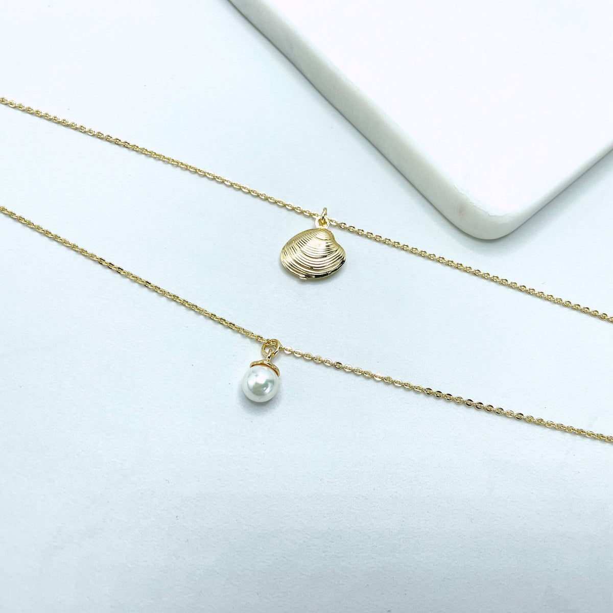 18k Gold Filled Double 2mm Rolo Link Necklaces with Gold Shell & Simulated Pearl, 02 Necklace Wholesale Jewelry Making Supplies