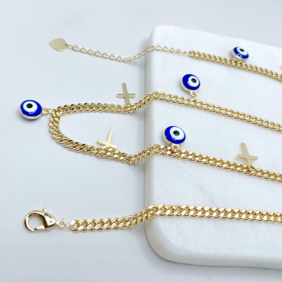18k Gold Filled 4mm Curb Link Chain with Blue Evil Eyes & Cross Charms Necklace or Anklet Set, Wholesale Jewelry Making Supplies