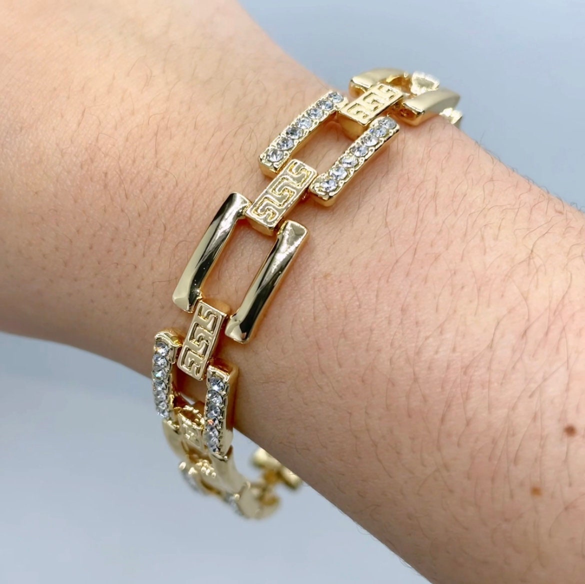 18k Gold Filled with Cubic Zirconia, Rectangular Linked Bracelet with Patterned Details, Wholesale Jewelry Making Supplies