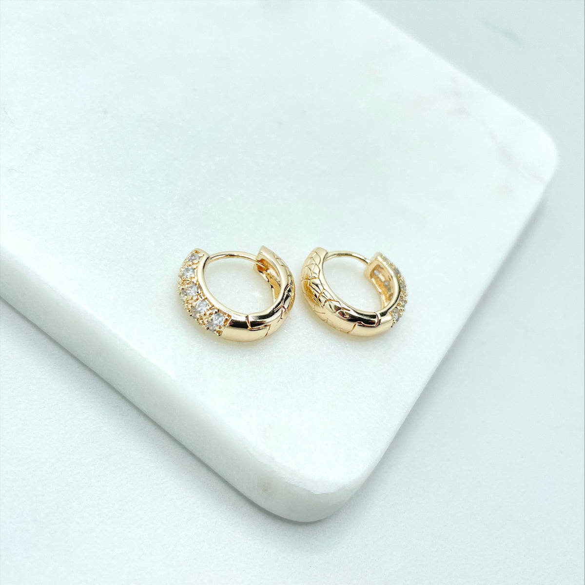 18k Gold Filled 16mm Texturized Huggie Earrings with Micro Cubic Zirconia, Wholesale Jewelry Making Supplies