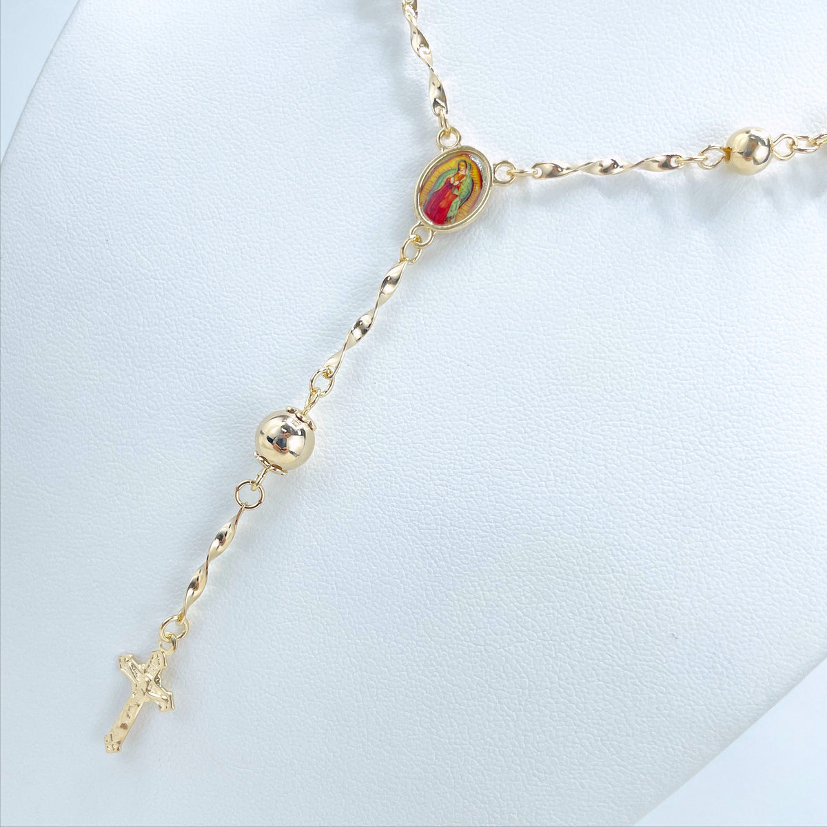 18k Gold Filled, 1mm Twisted Chain with Gold Beads, Colored Our Lady of Guadalupe, Virgen de Guadalupe Rosary, Wholesale Jewelry Supplies