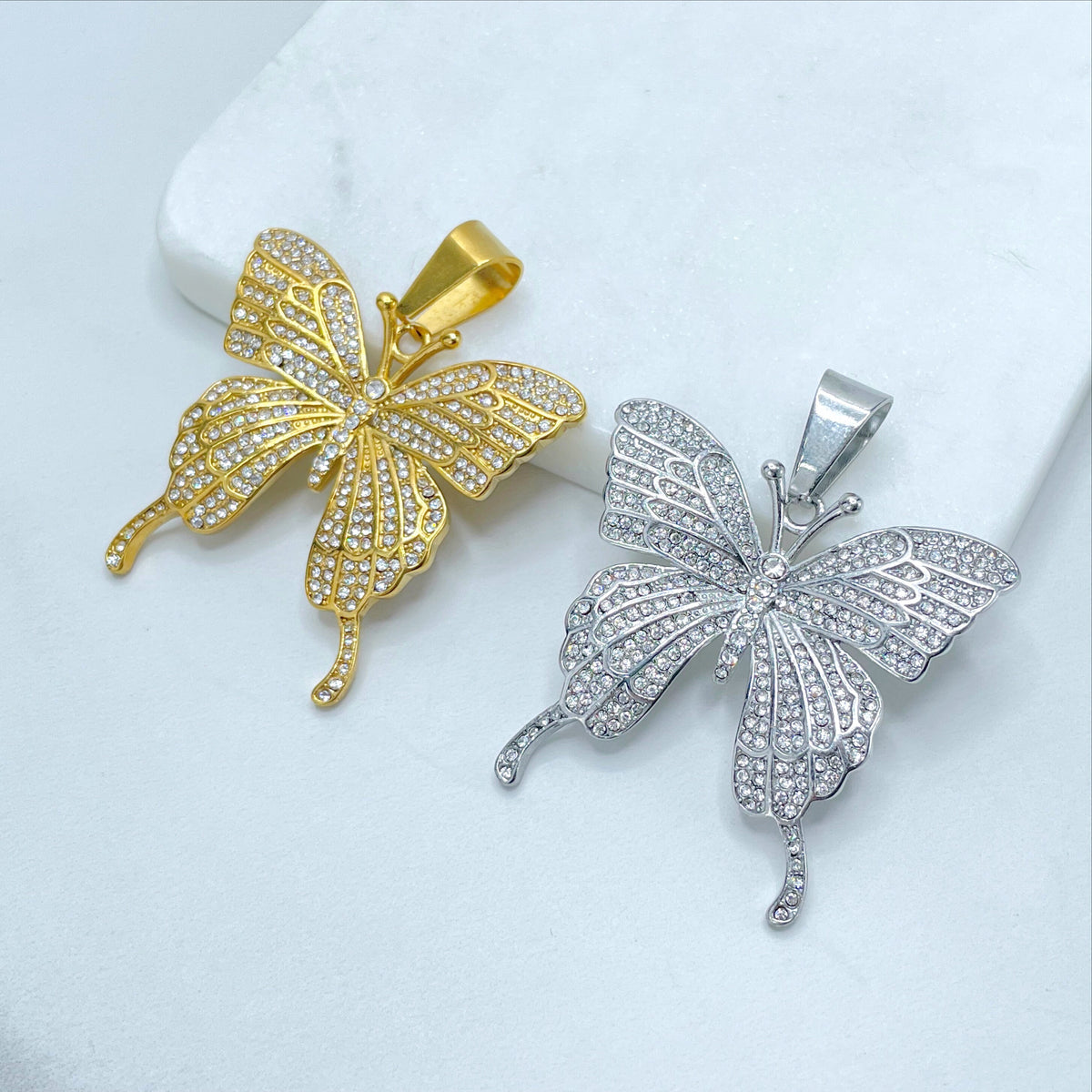 Gold Plated or Silver Pleated On Stainless Steel with Micro Cubic Zirconia Butterfly Charms Pendant, Wholesale Jewelry Making Supplies