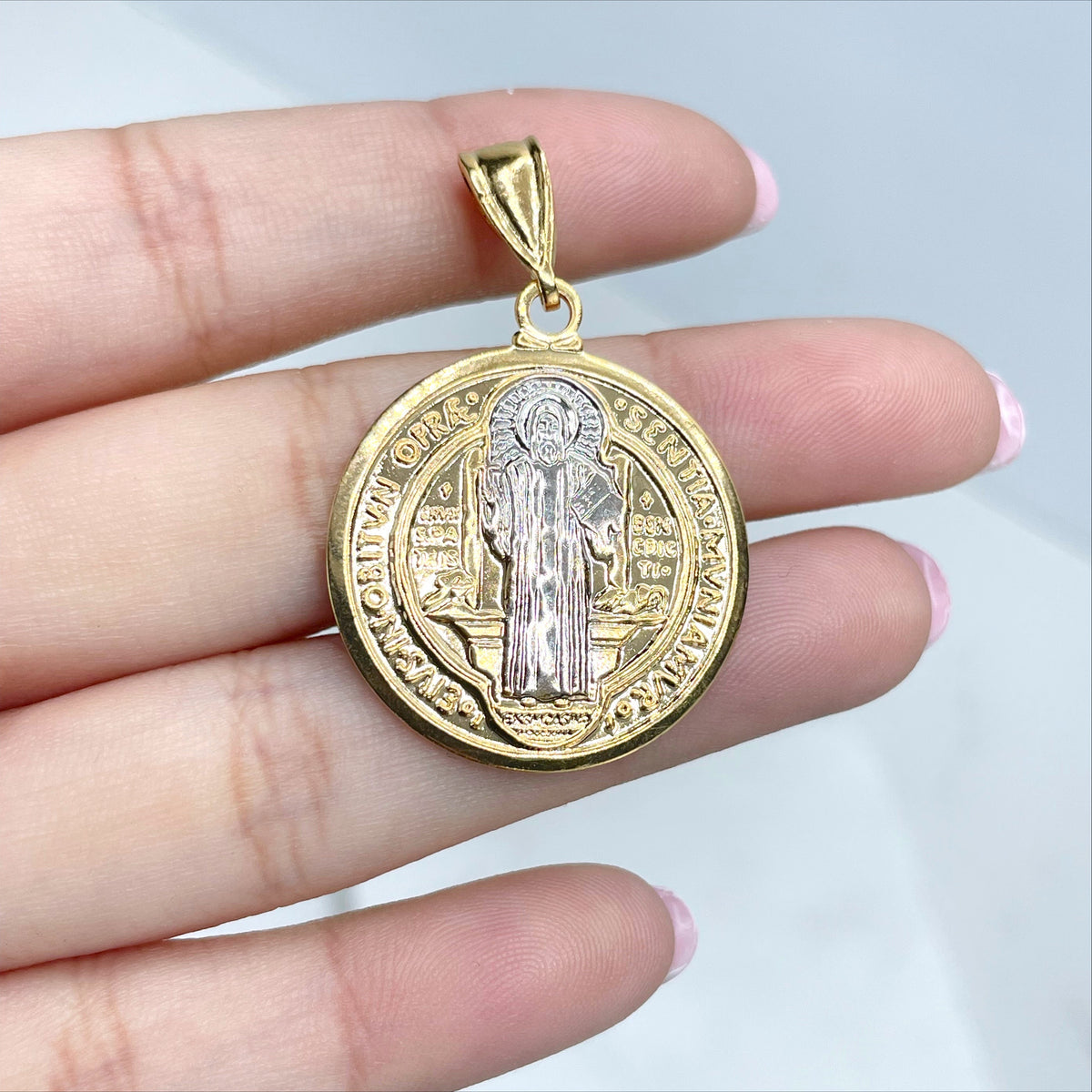 18k Gold Filled, Two Tone Saint Benedict Reversible Medal Pendant Charms, Catholic Roman Protection, Wholesale Jewelry Making Supplies