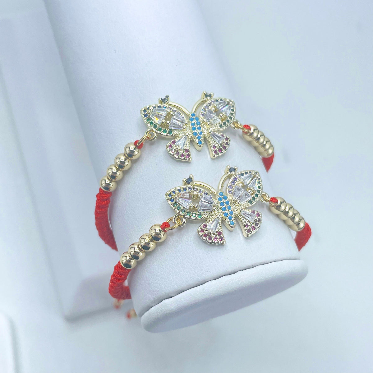 18k Gold Filled 4mm Gold Beads, Red Handmade Adjustable Bracelet with Colored Micro CZ, Butterfly Charms, Wholesale Jewelry Supplies
