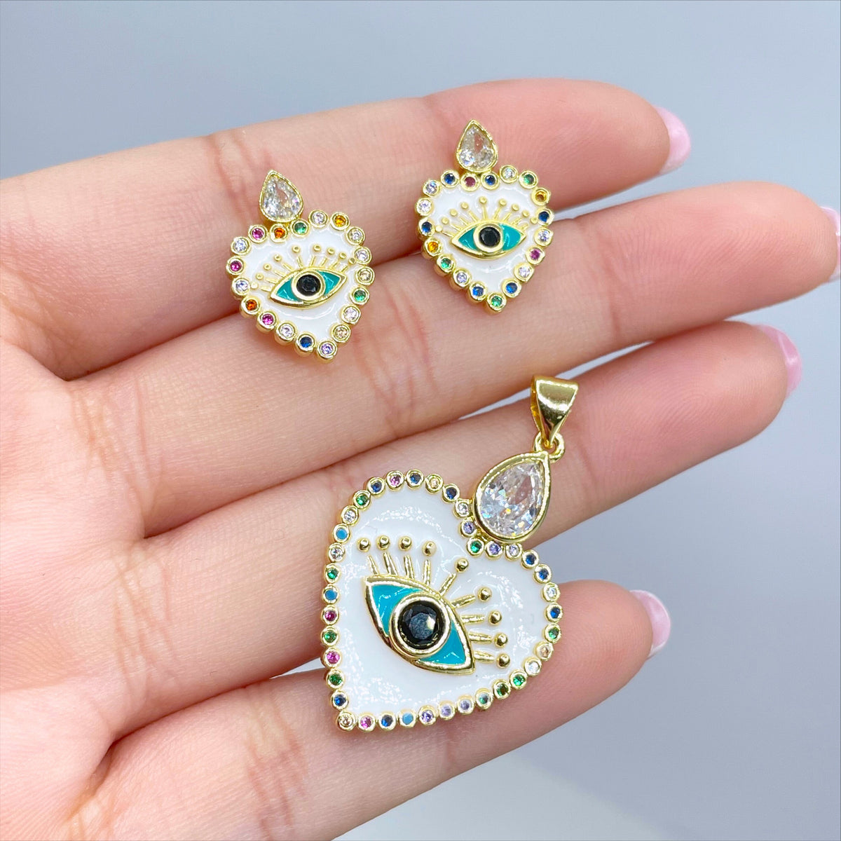 18k Gold Filled 2mm Curb Link Chain, White Enamel with Colored Micro CZ Evil Eyes Heart Shape Earrings and Charm, Wholesale Jewelry Supplies