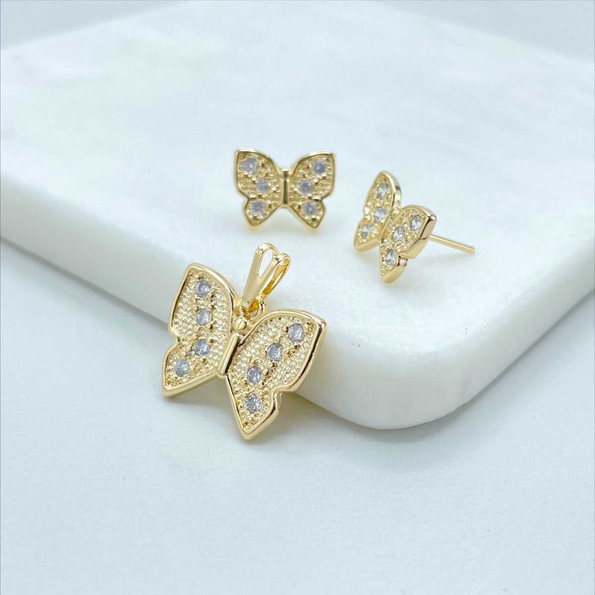 18k Gold Filled with CZ, 2mm Curb Link Chain, Butterfly Earrings and Pendant, Set with Cubic Zirconia Wholesale Jewelry Supplies