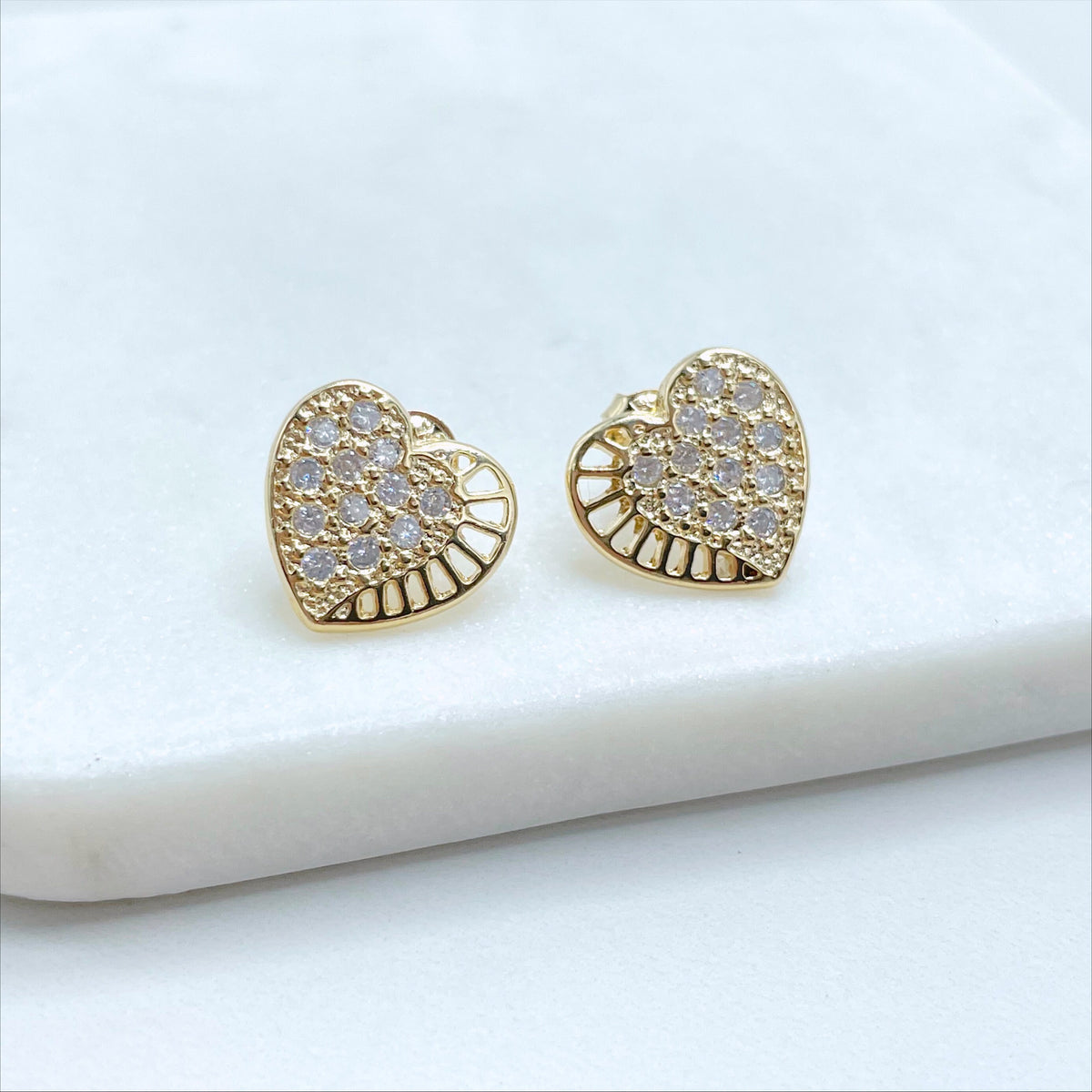 18k Gold Filled 2mm Curb Link Chain with Cubic Zirconia Heart Stud Earrings and Pendant Charms Set, Wholesale Jewelry Making Supplies