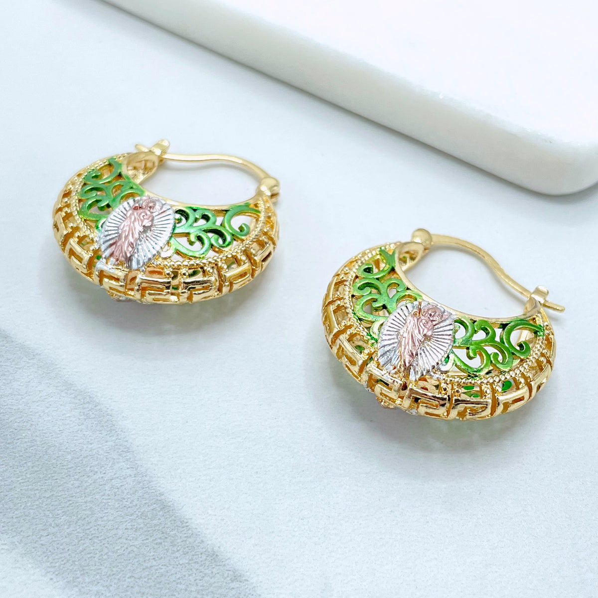 18k Gold Filled, Four Color 30mm Huggie Basket Earrings, 13mm Thickness, Virgin Mary Wholesale Jewelry Making Supplies