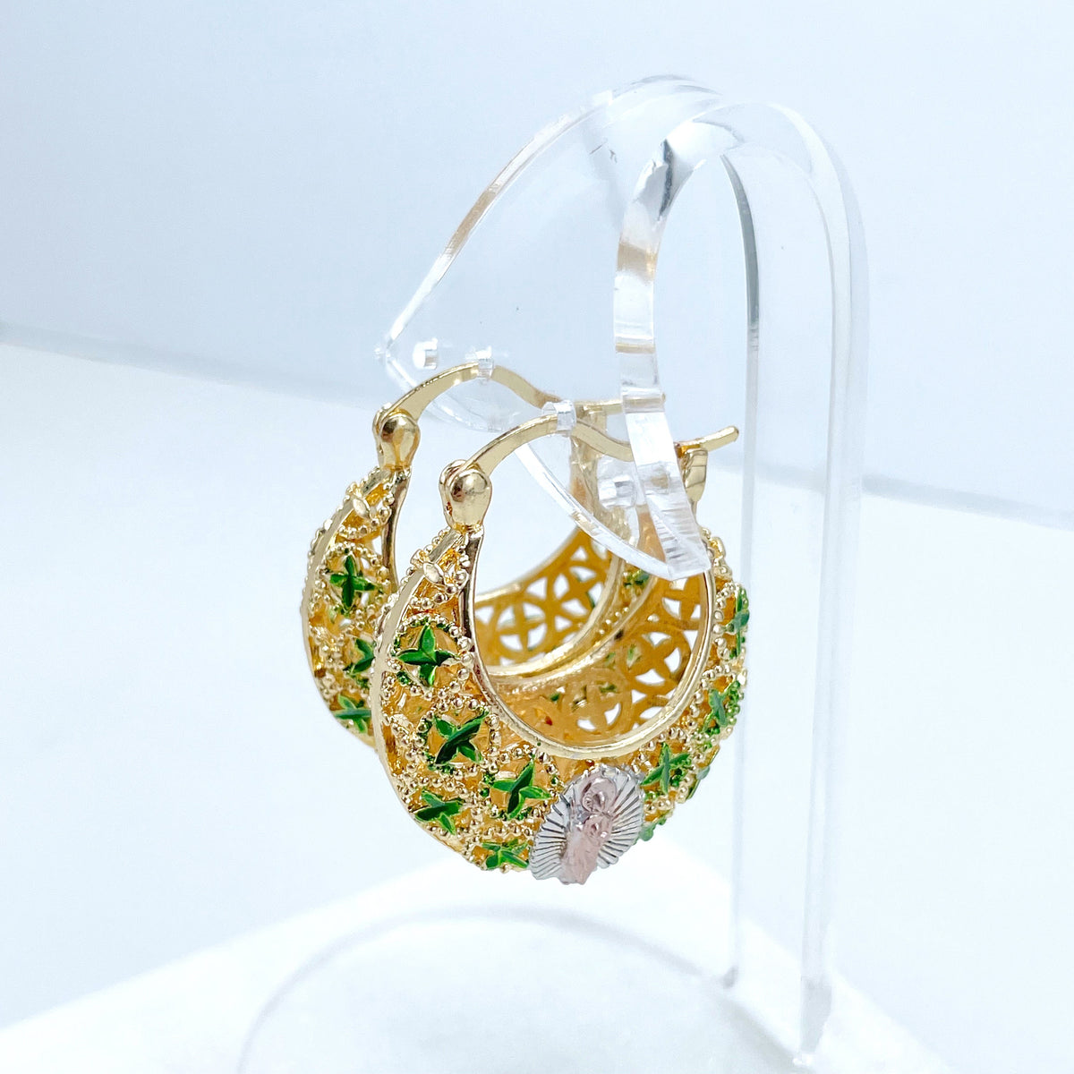 18k Gold Filled, Four Color 28mm Huggie Basket Earrings, 13mm Thickness, Virgin Mary, Wholesale Jewelry Making Supplies