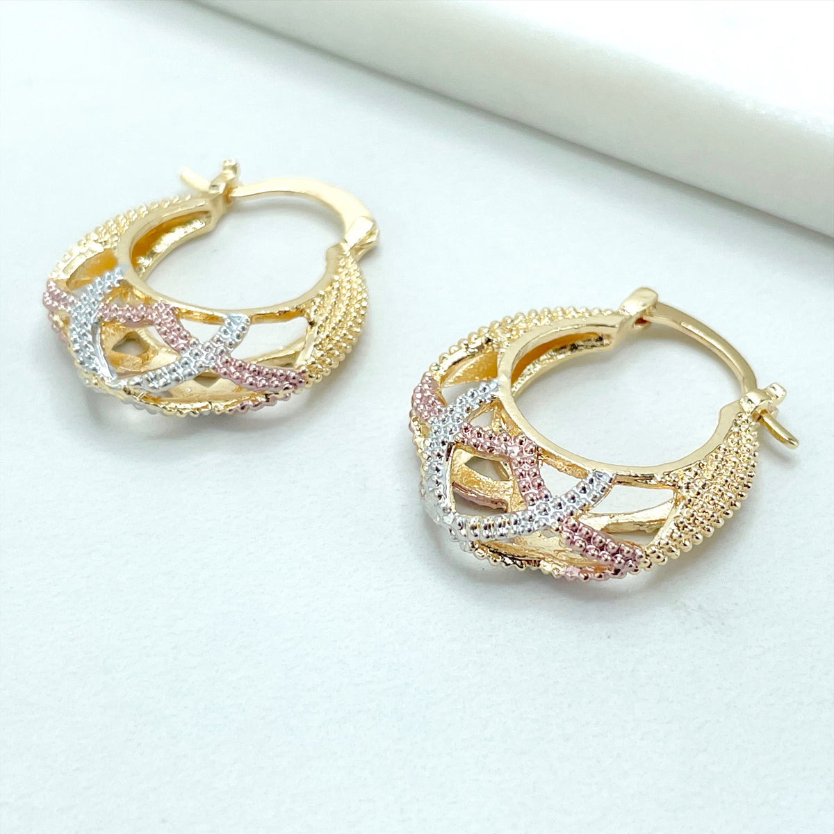 18k Gold Filled Tree Tone, Thee Color 22mm Basket Design Hoop Earrings, 6mm Thickness, Wholesale Jewelry Making Supplies
