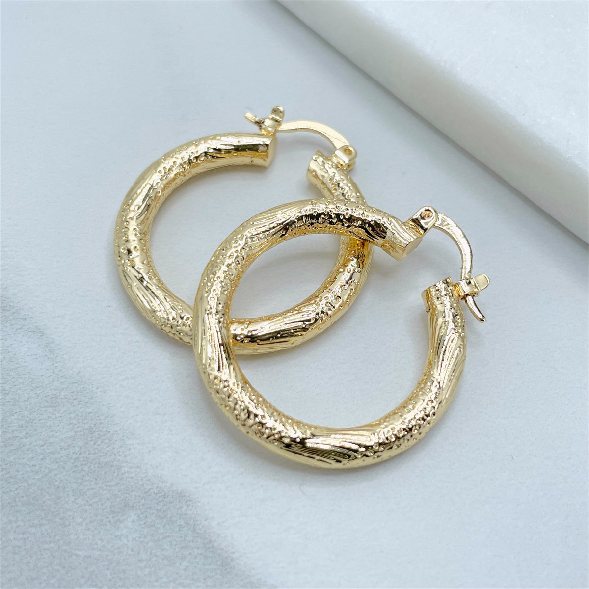 18k Gold Filled 30mm Texturized Hoop Earrings with 4mm Thickness, Wholesale Jewelry Making Supplies