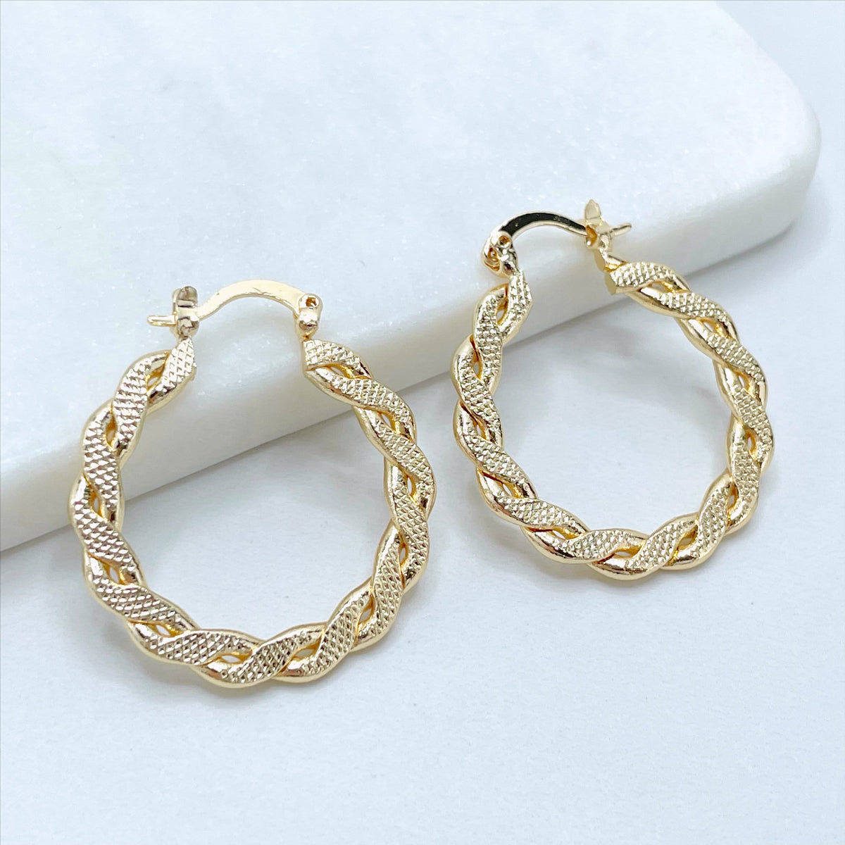 18k Gold Filled Braided 30mm Hoop Textured Earrings, 2mm Thickness, Wholesale Jewelry Making Supplies