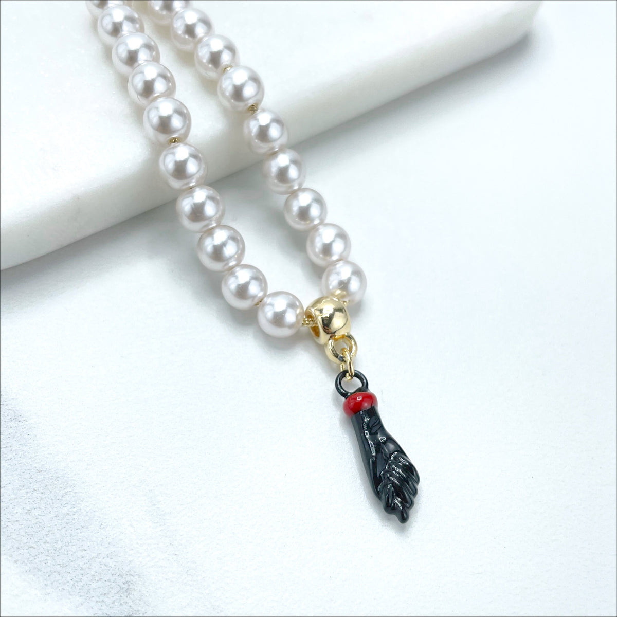 18k Gold Filled White Beads, Simulated Pearls Black Figa Hand Charm, Adjustable Bracelet, Protection Jewelry WholesaleJewelry Supplies