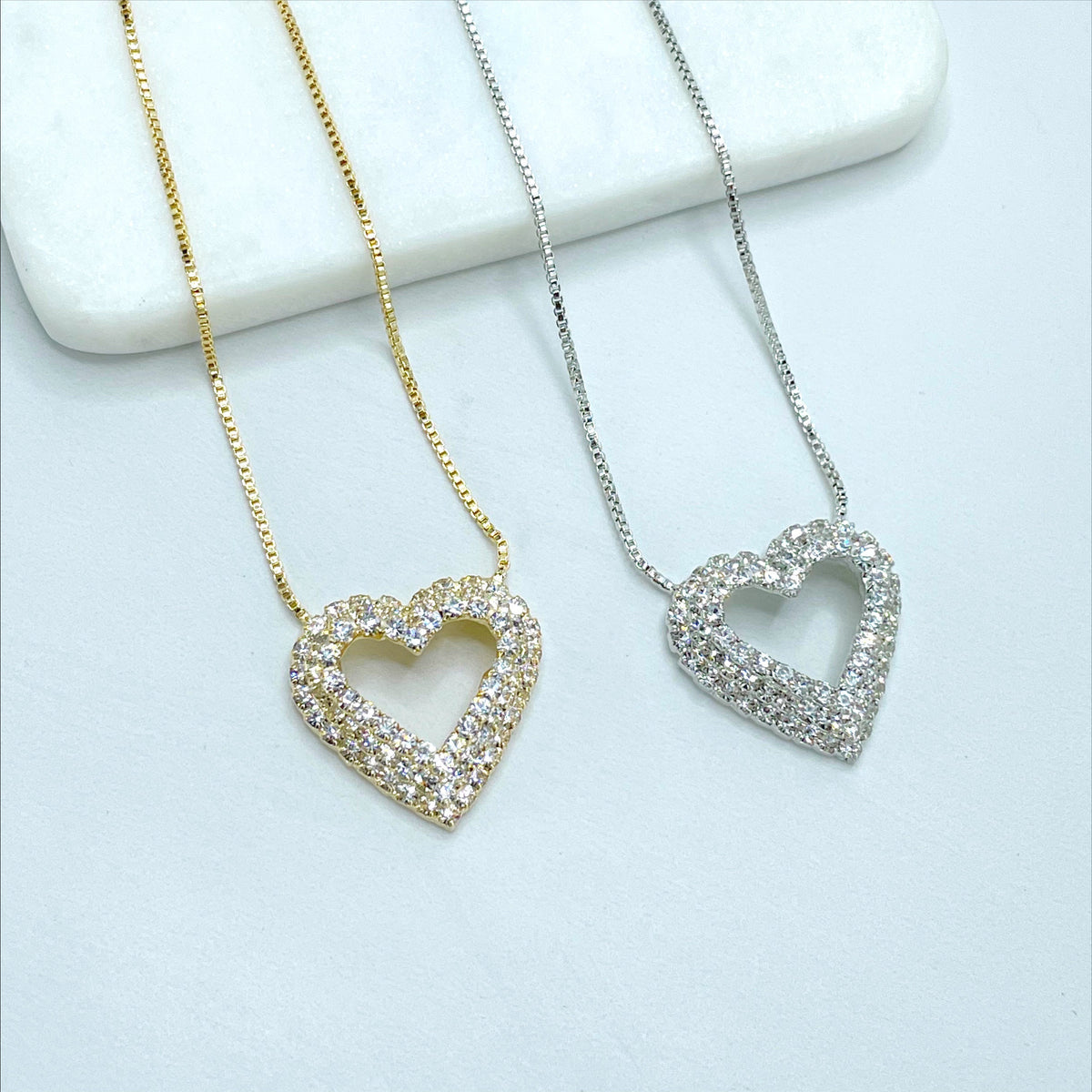 18k Gold Filled or White Gold Filled 1mm Box Chain with CZ Fancy Heart Design Set Necklace & Earrings Wholesale Jewelry Supplies
