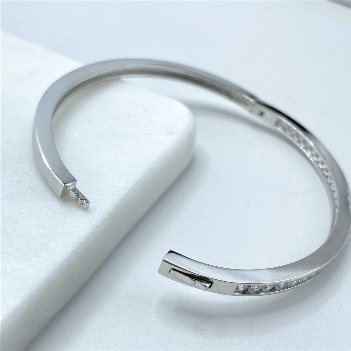 Silver Filled Clear Cubic Zirconia Bangle Cuff Bracelet, Classic Minimalist Style, Wholesale Jewelry Making Supplies