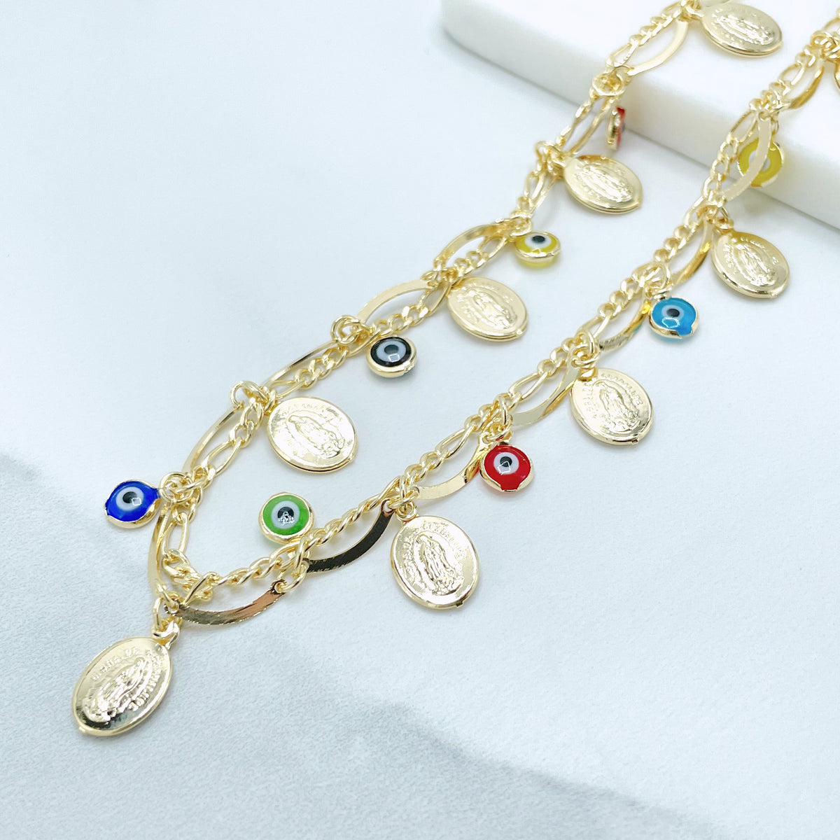 18k Gold Filled Mariner Link, Guadalupe Virgin, Colored Evil Eye Charms Bracelet, Anklet or Necklace Wholesale Jewelry Making Supplies