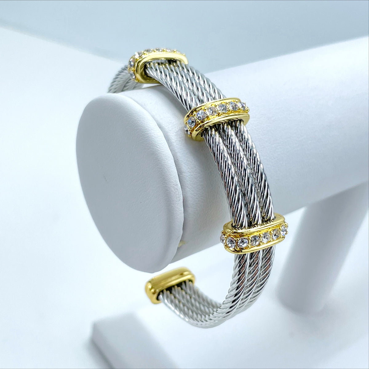 18k Gold Filled with Cubic Zirconia and White Gold Filled Texturized Twisted Waves Cuff Bracelet Wholesale Jewelry Making Supplies