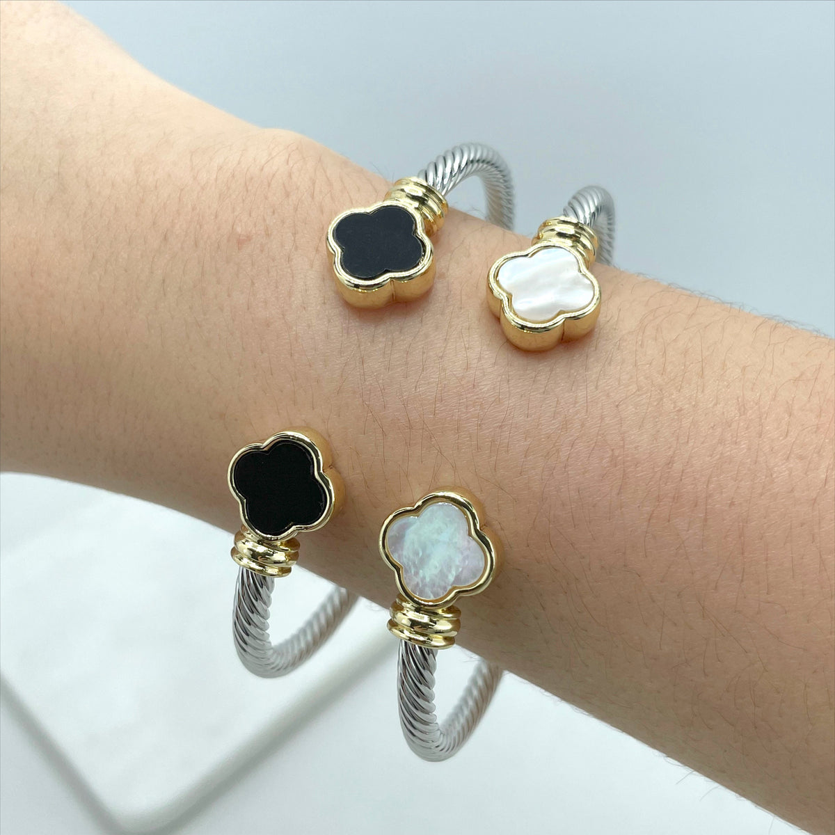 18k Silver Filled and Gold Filled, White or Black Flower, Texturized ,Twisted Waves, Cuff Bracelet, Wholesale Jewelry Making Supplies