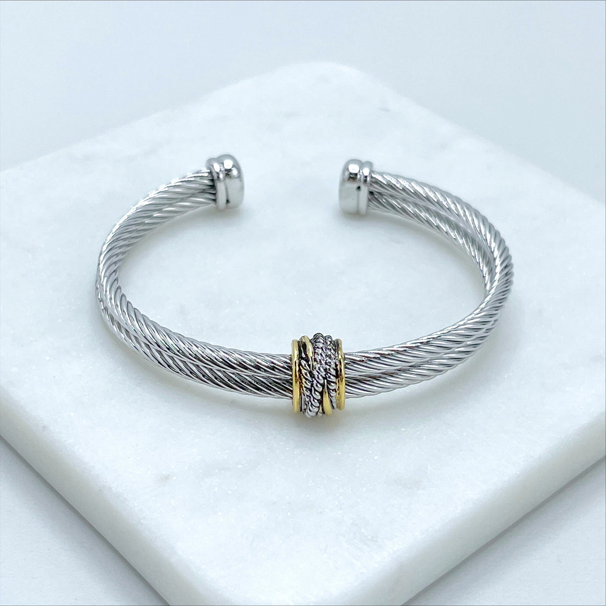 18k Silver Filled with Gold Filled Texturized Twisted Waves Cuff Bracelet Wholesale Jewelry Making Supplies