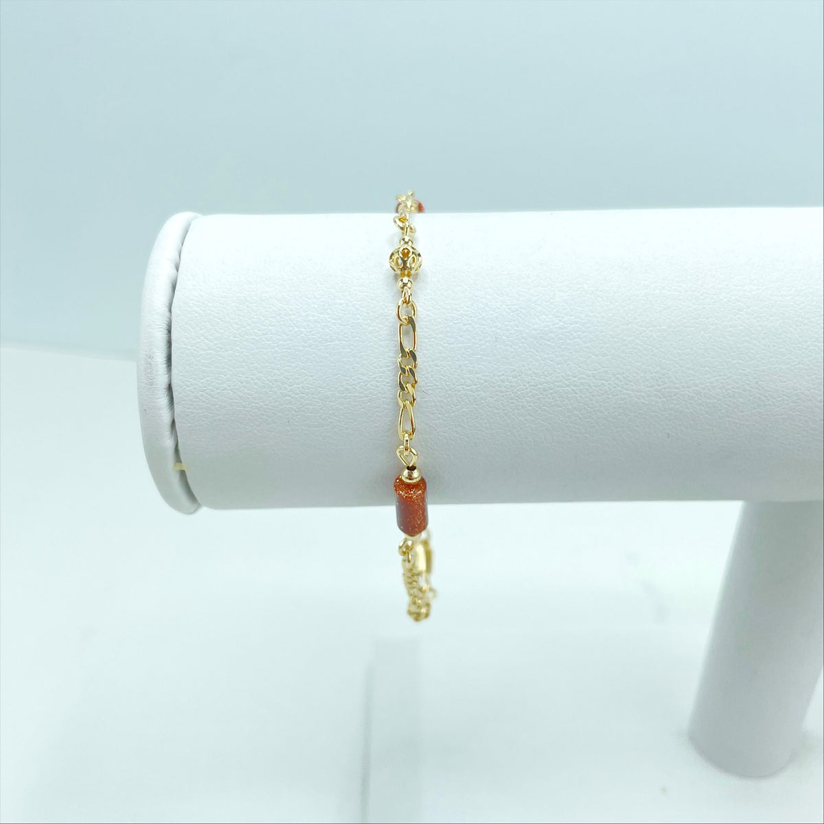 18k Gold Filled Brown Aventurine Tubular and Gold Beads 2.5mm Figaro Chain Bracelet Wholesale Jewelry Making Supplies