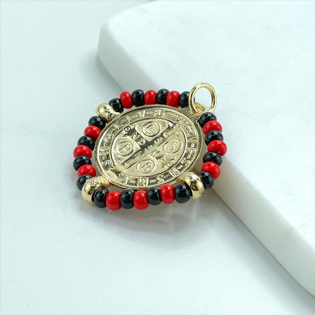 18k Gold Filled San Benito Coin, Black & Red Beads, 2 Sided Round Pendant Charms, Reversible San Benito, Wholesale Jewelry Making Supplies