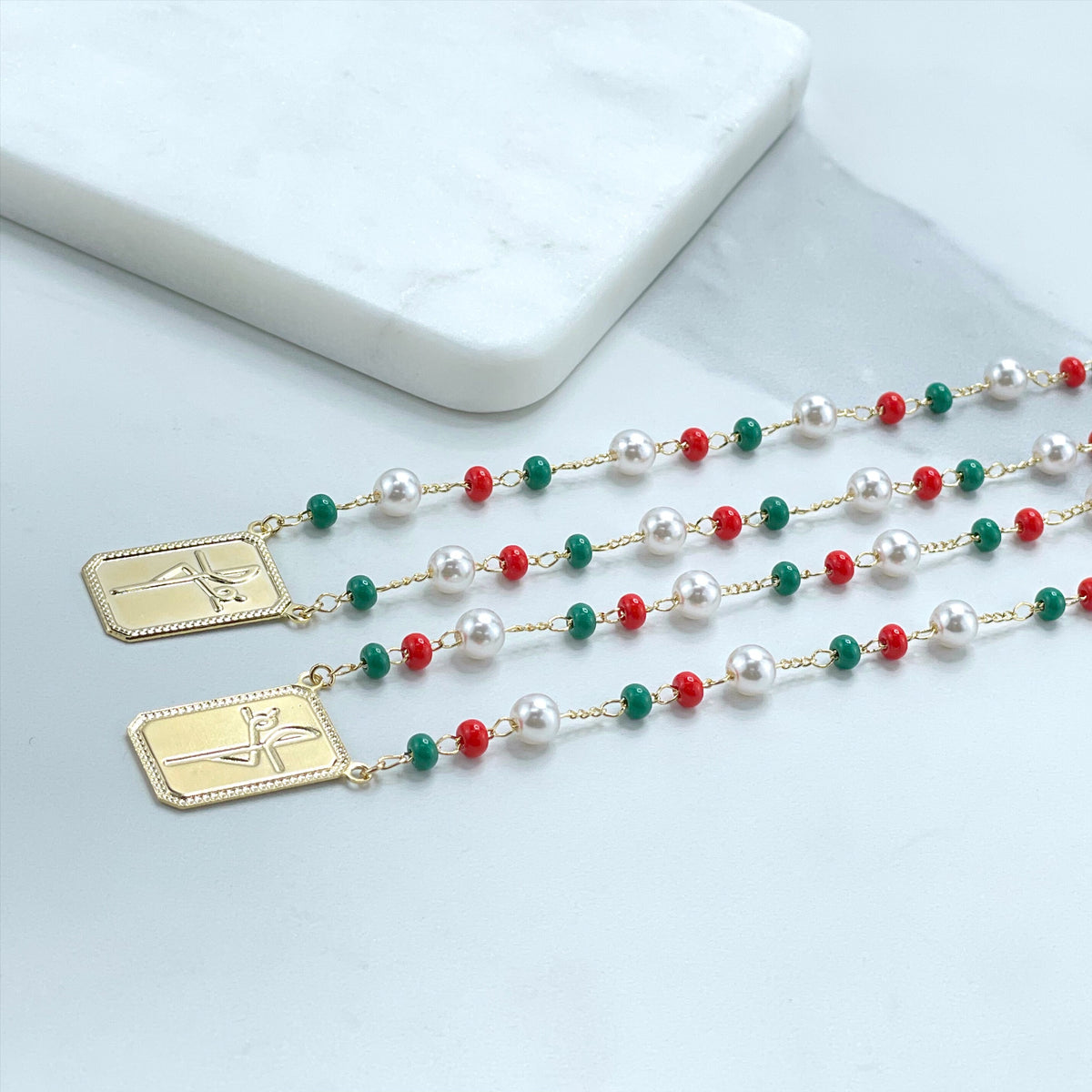 18k Gold Filled Beaded Necklace Scapulary, Plate with Fe Word Necklace Wholesale Jewelry Supplies