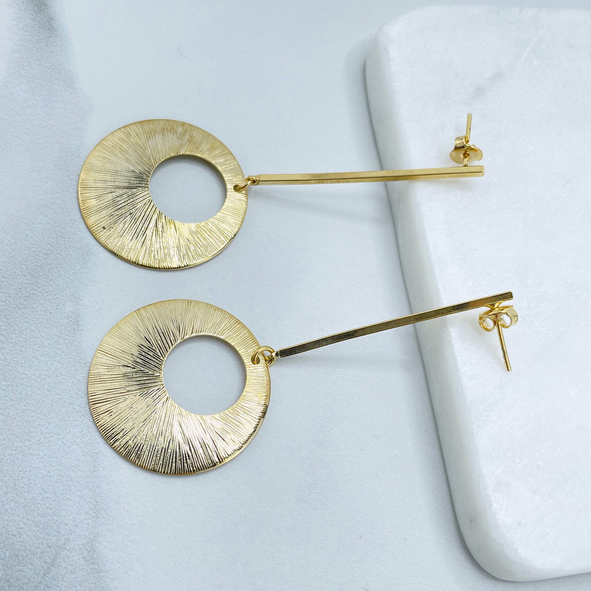 18k Gold Filled Long Drop Earrings with Texturized Cutout Circle, Minimalist Jewelry, Wholesale Jewelry Making Supplies