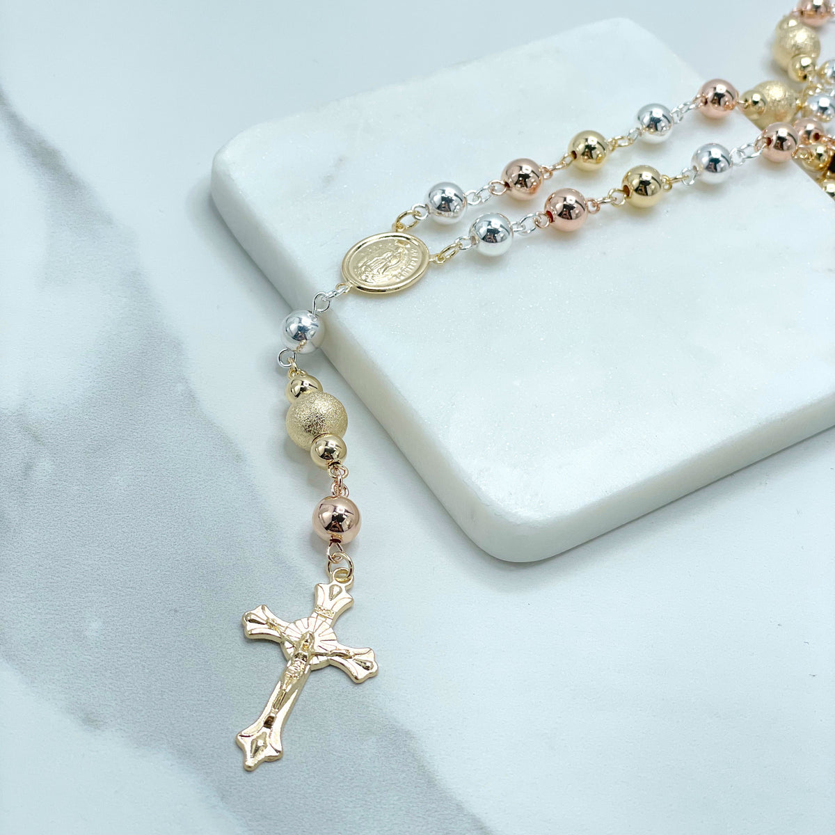 18k Gold Filled Beaded Chain Three Tone Beads La Milagrosa, Miraculous Virgin Rosary Necklace, Religious Jewelry, Wholesale Jewelry Supplies