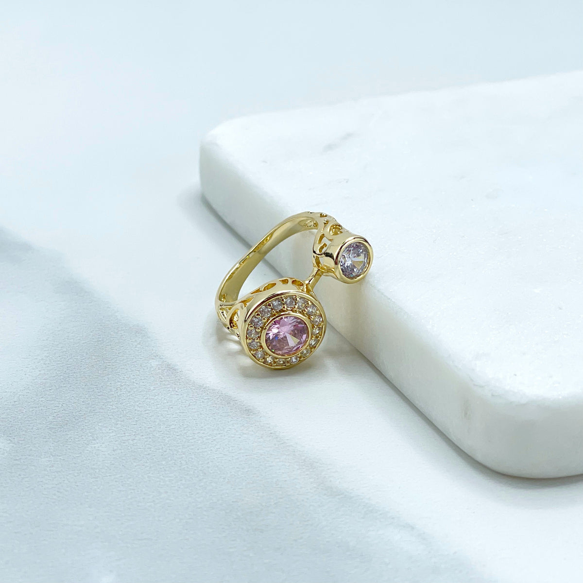18k Gold Filled Clear Micro Cubic Zirconia, Pink and White Zircon Stones, Hearts Hallow Ring, Wholesale Jewelry Making Supplies