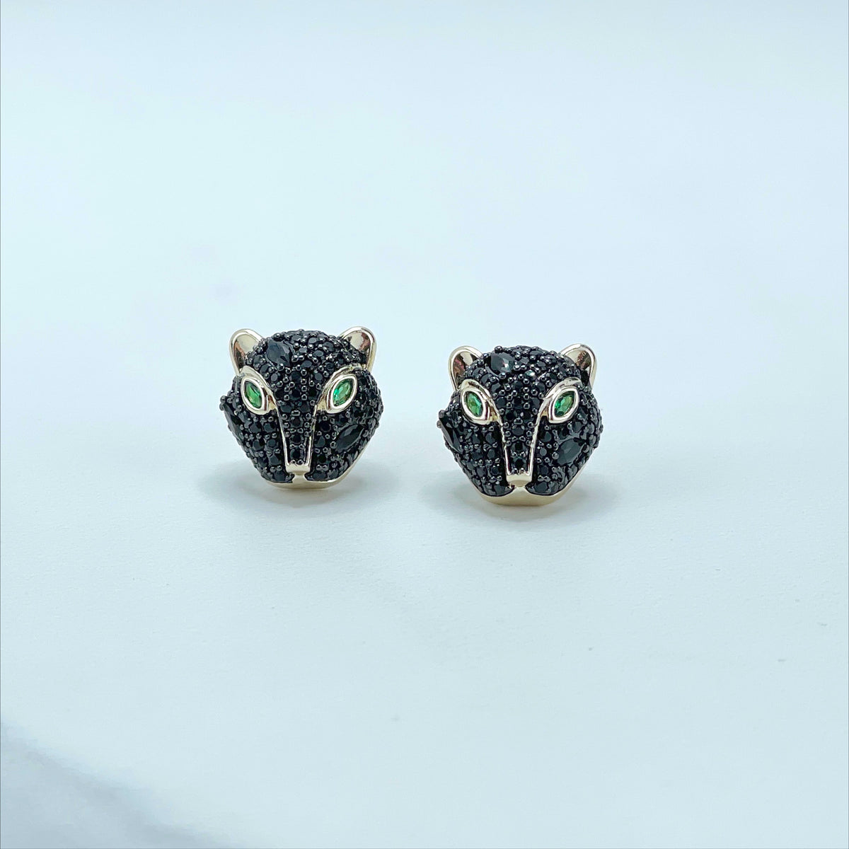 18k Gold Filled Black Micro Pave Cubic Zirconia with Panther Head Design Stud Earrings Wholesale Jewelry Making Supplies