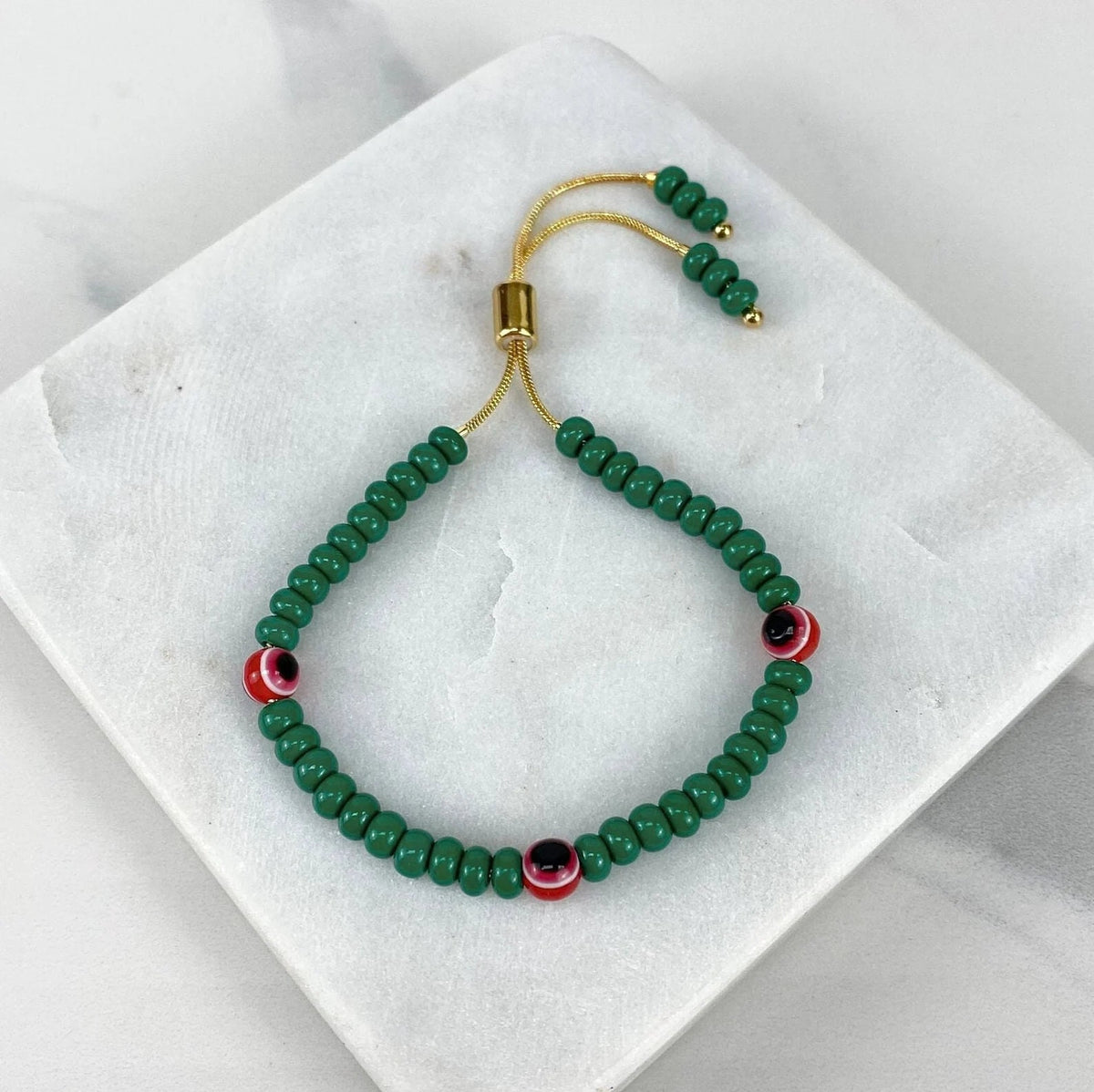 18k Gold Filled 1mm Snake Chain, Yellow Beads, Blue Evil Eyes, Colored Adjustable Bracelet Wholesale Jewelry Supplies